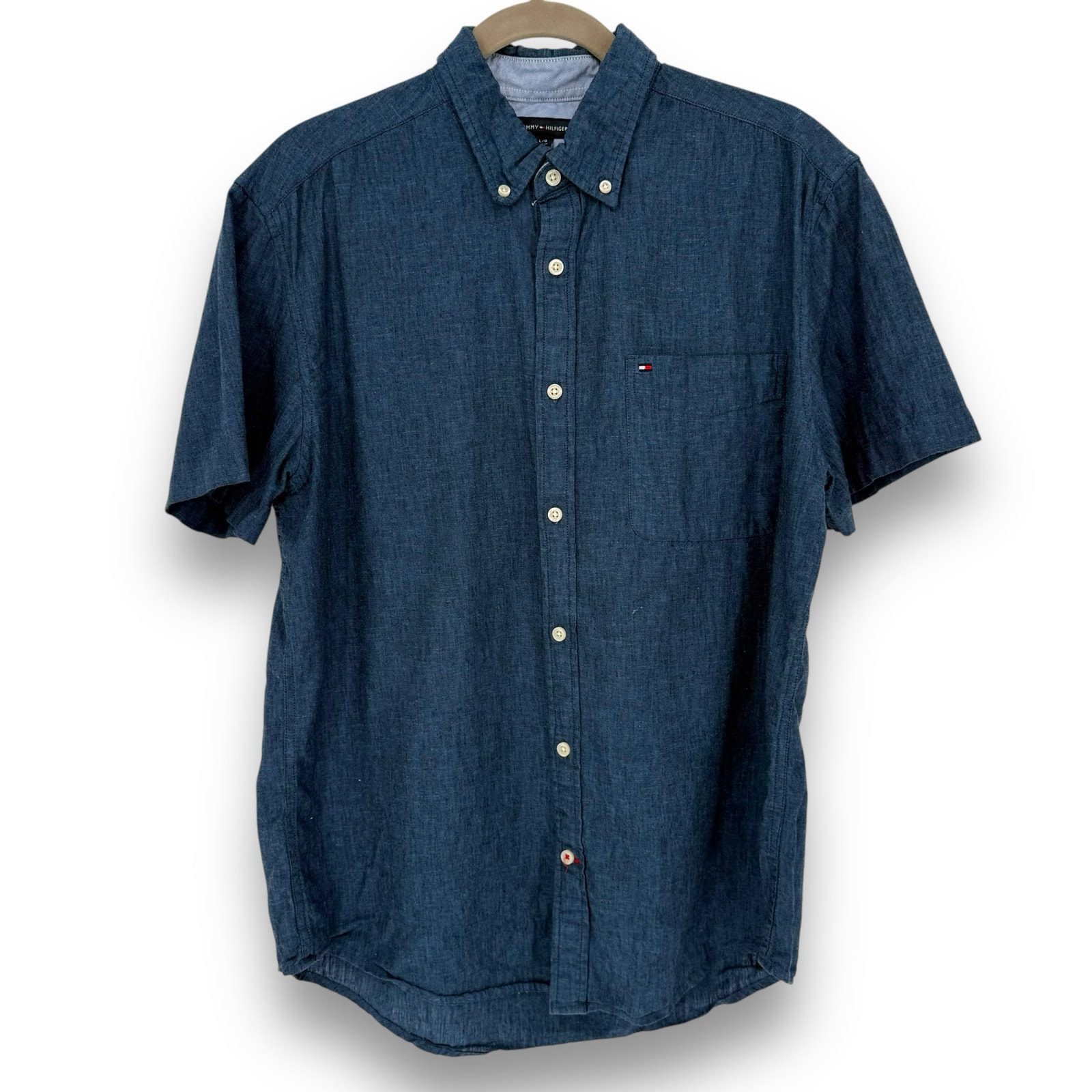 Tommy Hilfiger Chambray Casual Button Down Shirt, Short Sleeve, Men's Size L